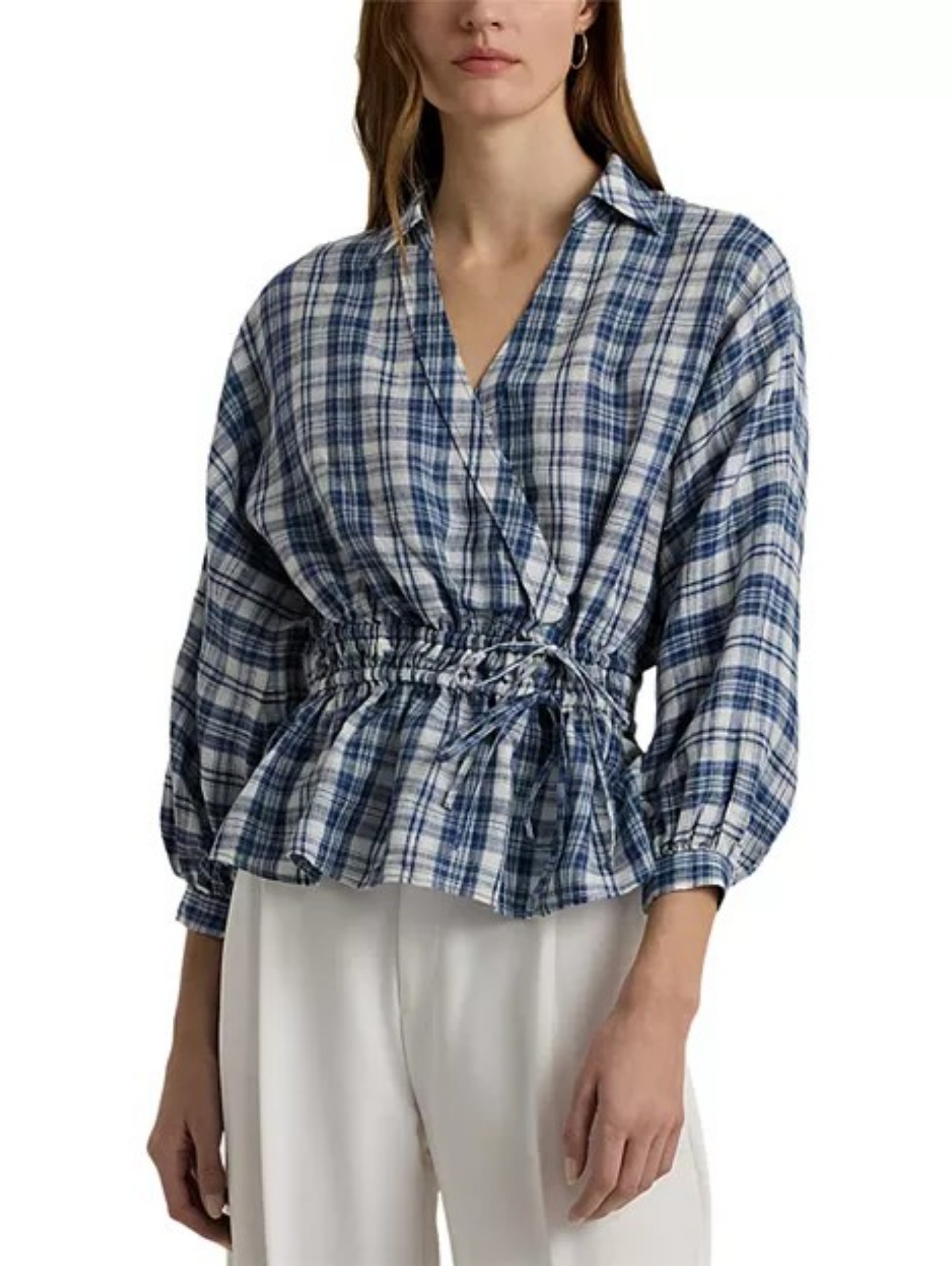 Lauren Ralph Lauren Blue Plaid Drawstring Waist Women's Top